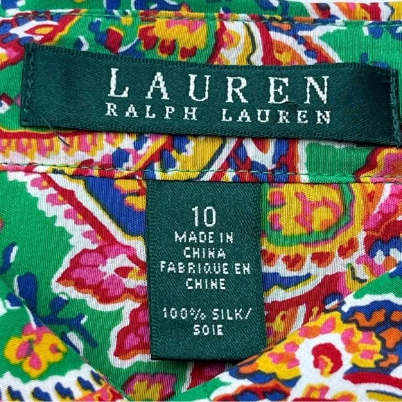 Lauren Ralph Lauren Multicolor Kelly Green Paisley 100% Silk Unlined Dress SZ 10 - Picture 2 of 11